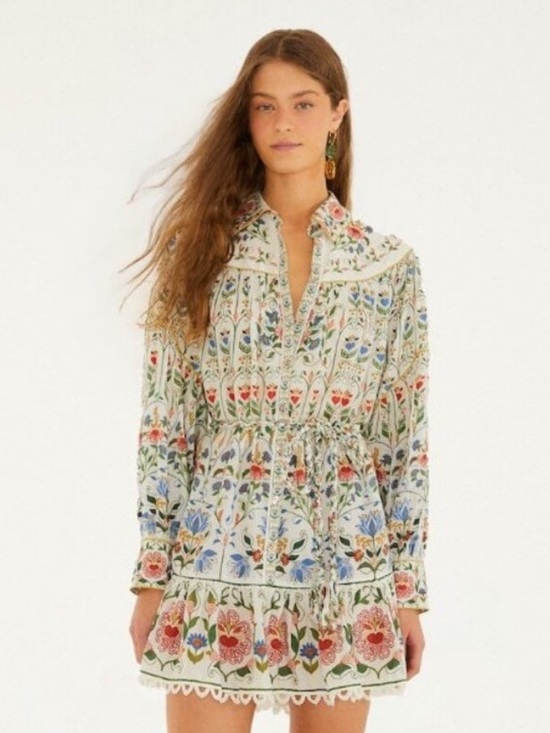 FARM Rio Dresses & Skirts - FARM Rio Stitched Garden Off-white Long Sleeve Mini Dress Size S Small NWT